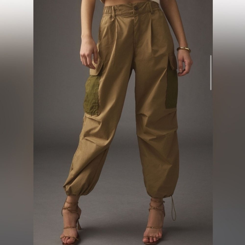 Anthropologie Tan Cargo Parachute Pants Size 28 Bungie Ankle - Picture 1 of 16